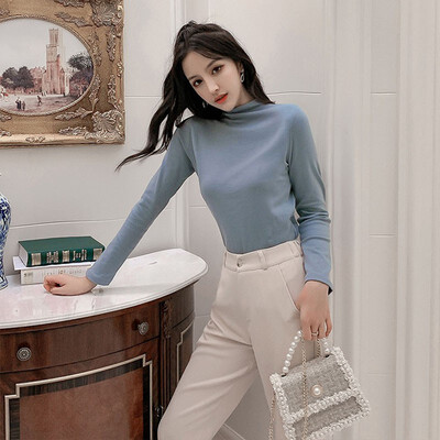 

Womens Cashmere Wool T-shirt Half High Collar Solid Color Pullover Solid Color Korean Harajuku Basic Tee Shirt Femme