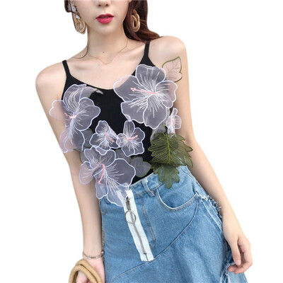 

New Summer Ladies Bohemian Folk Style Appliques floral Sling Low Cut Slim Short Tank Vest Women Strap Crop Top Shirt