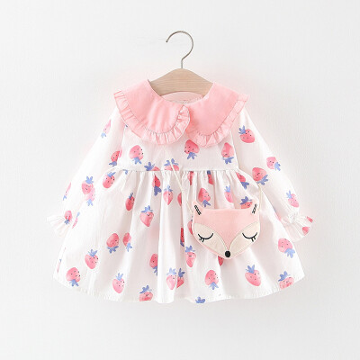 

New Autumn 2 Colors Casual Baby Girls Long Sleeve Strawberry Dress Kids Sundress With Animal Bag