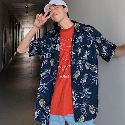 

2019 Men Fashion Brand Summer Shirts Leaves Flower Pineapple Print Loose Short Sleeve Shirt Male Hawaiian Style Beach Shirt