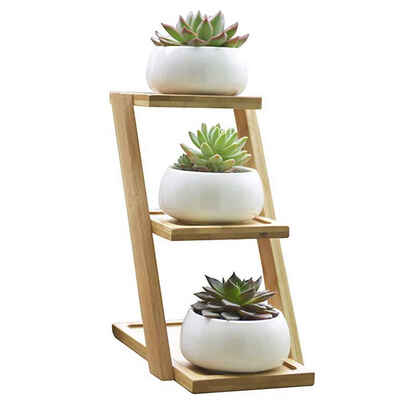 

Small Round White Ceramic Succulent Plant Pot Cactus Planter for Succulent Plants with Bamboo Tray for Room Decoration