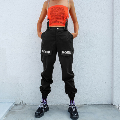 

Metal Chain Cargo Pants For Women Embroidery Panelled Pockets Trousers Black High Waist Autumn Trousers