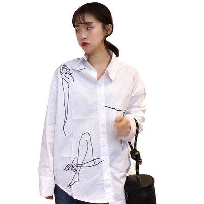 

Women Vintage Graffiti Print Lapel Shirt Loose Single-breasted Long Sleeve Elegant Blouse BF Style