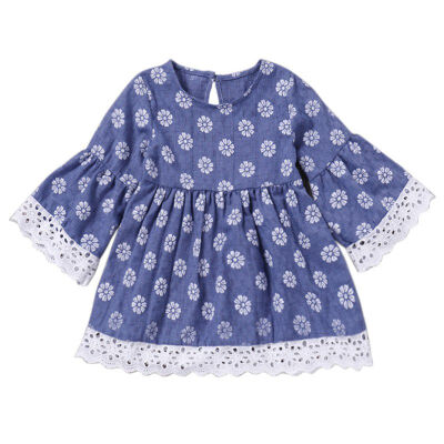 

Baby Girls Dress Trumpet Sleeves Lace Princess Dress Blue Floral Print Flare Sleeves A Line Dresses