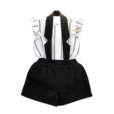 

Summer Fashion Girls Clothes Set Casual White Black Striped T-shirt Tops Halter Bib Shorts Clothing Suit