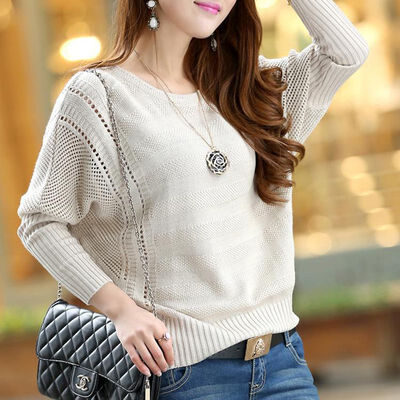 

Women Autumn Winter Slim Sweater Solid Color Bat Sleeved Casual Wild Loose Thin Bottoming Tops