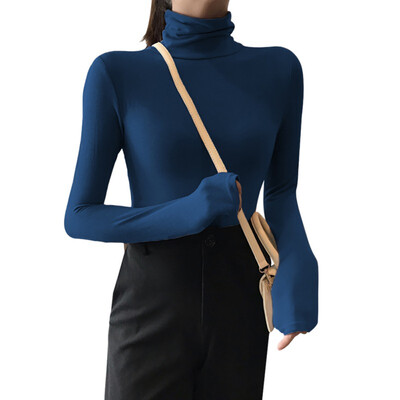 

Women T-shirt Wild Solid Color Turtleneck Pullovers Long Sleeve Slim Fashion T-Shirt Casual Female Streetwear