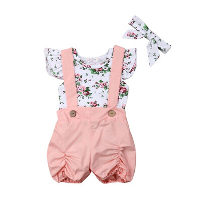 

Infant Girls Rompers Sets Summer Baby Girl Casual Flare Sleeve Flower Print Romper Tops Strap Shorts With Headband Outfits Set