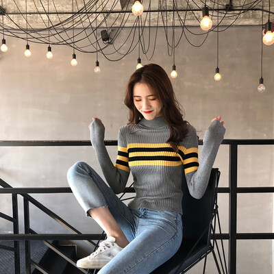 

Stripe Knitted Pullover Sweater Casual Long Sleeve Round Neck Tops Fashion Slim Women Jumper
