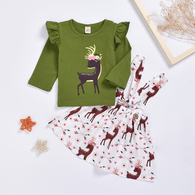 

12M-5Y 2pcs Spring Autumn Toddler Girl Christmas Clothes set Baby Girl Elk Print Long Sleeve TopSuspender Dress Set