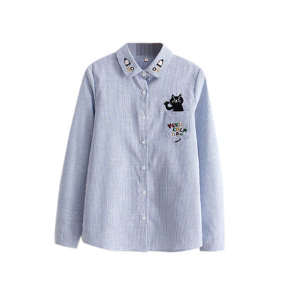 

EFINNY 2019 Floral Embroidered Blouse Shirt Women Cartoon Cat Tops Long Sleeve Blouses Woman Office Shirts plus size