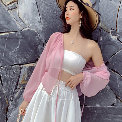 

Women Chiffon Kimono Cardigan Solid Loose Long Sleeve Short Blouse Lace Up Perspective Shirt Summer Beach Cover Up Plus Size