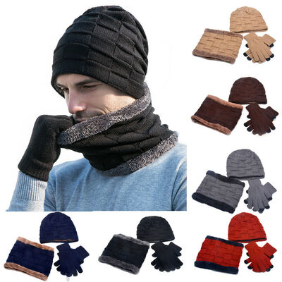 

Men Women Winter Warm Hat Scarves Gloves Set Warm Solid Wool Touch Screen Gloves