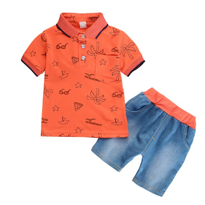 

Childrens Cute Leaf Glasses Print Lapel ShortT-shirt TopsDenim Shorts 2PCS Outfits Kids Suits Sleeve Shorts Suit