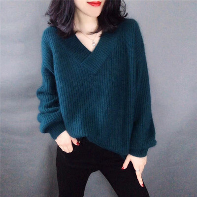

Winter Fashion Ladies Mohair Thicken Knitting Sweater Solid V-Neck Pullover Pull Femme Jumper Loose Womens Sweater sweter