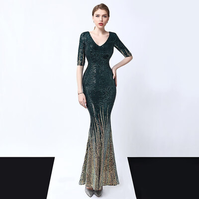 

Sequins Evening Dress Sexy V-neck Half Sleeve Elegant Mermaid Long Formal Evening Party Dress