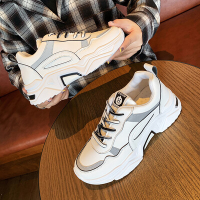 

LZJ Fashion Lady Casual White Shoes Women Sneaker Black Leisure Thick Soled Shoes Flats Cross-tied Lace-Up White Female Student
