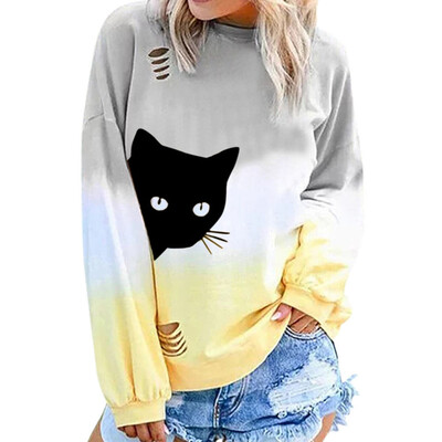 

Women Tie Dye Gradient Shirts Casual Broken Hole Round Neck Blouse