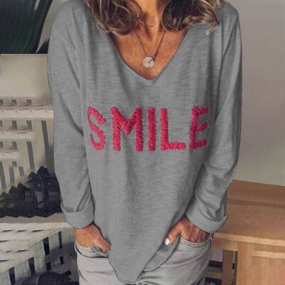 

New Tshirt Smile Letter Embroidery Print Long Sleeve V Neck Pullover Loose Blouse Women Casual Tshirt Tops