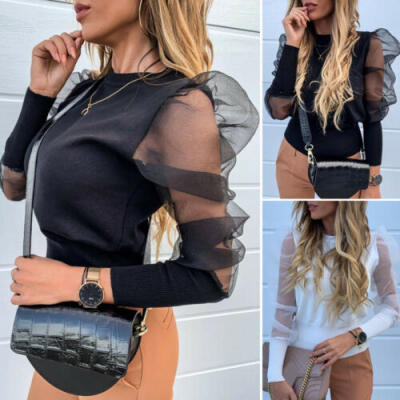 

AU Women Puff Mesh Sleeve Tops Pullover Sweater Blouse Casual Loose Jumper Tops