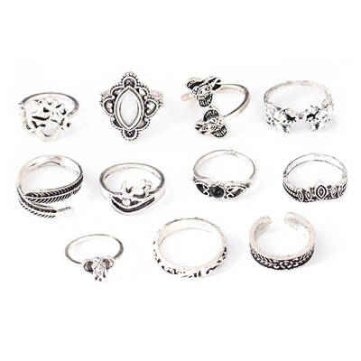 

11PCS Unisex Retro Leaf Gemstone Hollow Single Layer Alloy Allergy Free Hand Ring Jewelry Set