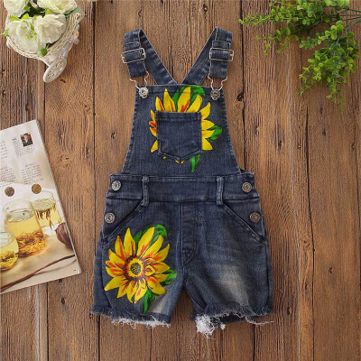 

Summer Little Girls Overalls Baby Suspender Pants Adjustable Waistband Sunflower Print Denim Suspender Shortalls