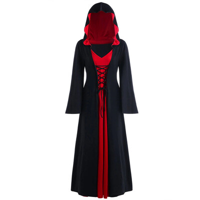 

Gobestart Womens Plus Size Halloween Hooded Lace Up Patchwork Long Sleeve Long Dress