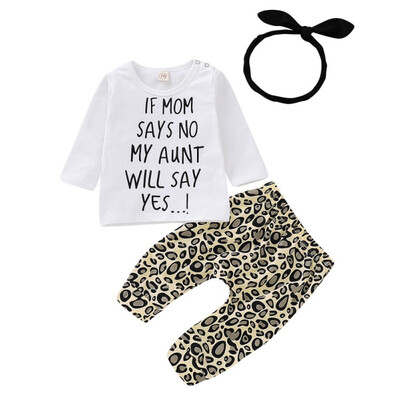 

3pcs Outfits Clothes Set Baby Girls Letter Long T-shirtTrousersHairband three-piece Suit Spring New Infant Clothes 0-18M