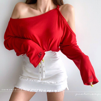 

Women Casual T-Shirt Female Autumn Long Sleeve Sexy Off Shoulder Solid Color Fashion Tee Shirts Ladies Korean Style Tops