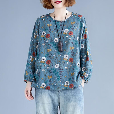 

Women Vintage Loose Blouse Printed Raglan Long Sleeves Oversized Plus Size Cotton Linen Spring Autumn Casual Tops