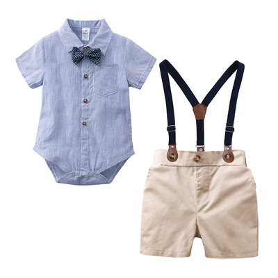 

Summer Baby Boy Clothes Set Casual Short Sleeve Striped Plaid Romper & T-shirt Tops Strap Shorts Outfits Set