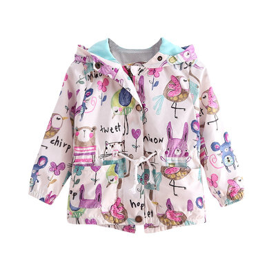 

2016Spring Cute Baby Girl Coat Print Cartoon Graffiti Hooded Zipper Girl Jacket Full Sleeve Toddler Girl Outerwear WJ