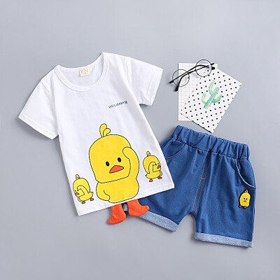 

2PcsSet Summer Children Baby Boys Casual Cotton Short Sleeve Cartoon Duck Print T-shirt TopsDenim Shorts Costume Set