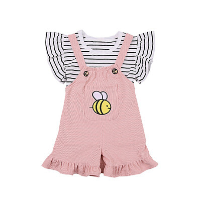 

Baby girl clothes set 2PCS striped short sleeve t-shirt cartoon bee bibs pants set