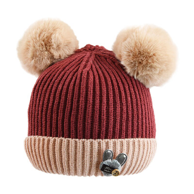 

Warm Winter Newborn Cute Warm Kids Girls Boys Baby Cartoon Bear Hats Knitted Wool Hemming Caps With Ball