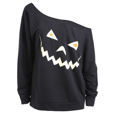 

goldstrings Womens Evil Pumpkin Face Funny Graphic One Shoulder Sweatshirts Halloween Long Sleeve Tops