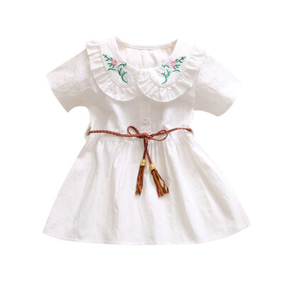 

Summer Girls Dress Doll Collar Cotton Embroidered Print Princess Dress Cute Sweet Short-sleeved Kids Dress With Belt