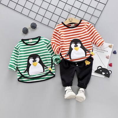

2PCS 2Colors Boy Sets Korean Style Cartoon Penguin Striped Print Children Sets Fashion Cute Top Pants Boy Sets