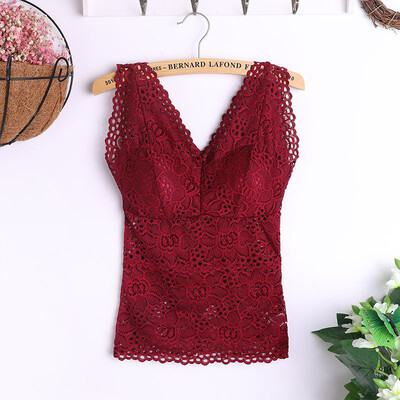 

Sexy V-Neck Sleeveless Solid Color Lace Flower With Chest Pad Women Camisoles Breathable Autumn And Winter Slim Tops Female Vest