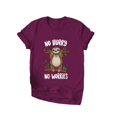 

No Hurry Worries Cute Cartoon Sloth Print Plus Size Women Summer T-Shirt Top