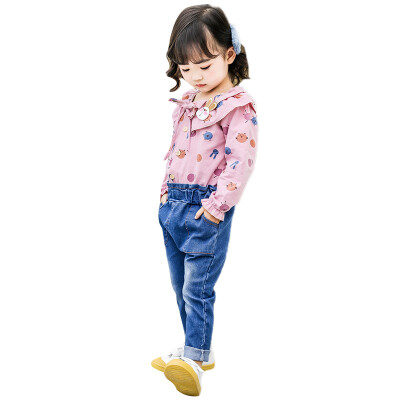 

Girls Clothing Sets Autumn Floral Print Blouse TopsDenim Pants 2 PCS Long Sleeve Children Set Girl Clothes Suit Casual Outfits