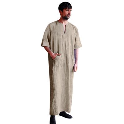 

Toponeto Mens Vintage Baggy Cotton Linen Solid Short Sleeve Retro T Shirts Tops Robe
