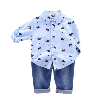 

Autumn Children kids 2pcs CLothes Set Baby Boys Casual Long Sleeve Crown Print Blouse TopsDenim Pants Trouser Costume Set