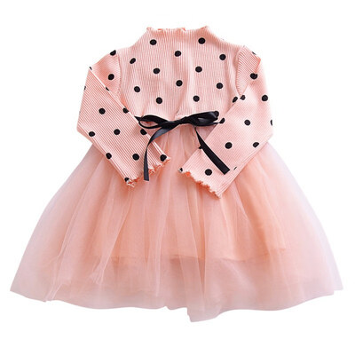 

2017 Autumn Winter Long sleeve Party Dress Kid Baby Girls Dot Bowknot dress Mesh Tutu Princess Dresses