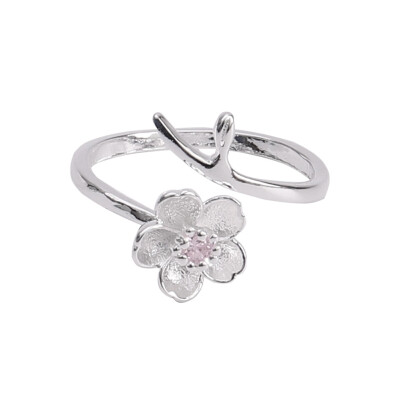 

Women Fashion Exquisite Zircon Cherry Blossom Silver Ring Diamond Engagement Ring Flower Opening Adjustable Ring