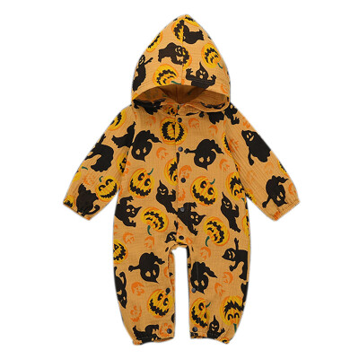 

hilittlekids Spring Autumn Casual Jumpsuits Baby Pumpkin Printing Long Sleeve Hooded Rompers Kids Bodysuits