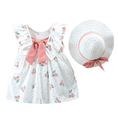 

2Pcs Baby Girls Dress Cute Baby Clothes Cherry Pattern Sleeveless Dresses Fashion Backless Sundress With Hat