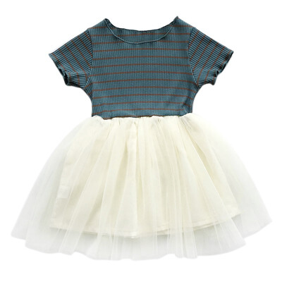 

Summer Baby Girl Cute Striped Dresses Striped Short Sleeve Patchwork Mesh Dress Kids Toddler Girls Ball Gown Pincess Dress