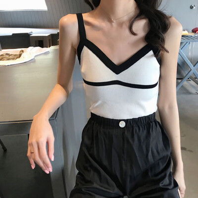 

Womens fashion simple temperament V-neck tops contrast color camisole comfortable sleeveless camisole