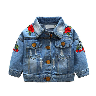 

Girls Jean Jackets Kids Baby Rose Embroidery Coat Long Sleeve Button Denim Jackets Girls 1-5Y New